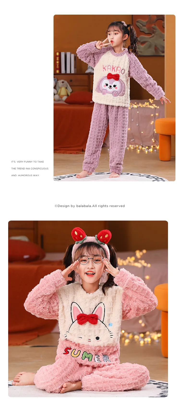 Long Plush Children's Winter Pajama Set, Girls' Cute Cartoon Long Sleeve Long Pants, Loungewear Wearable Outdoors for Big Kids · Wholesale · OEM · Worldwide Shipping - Detail 8