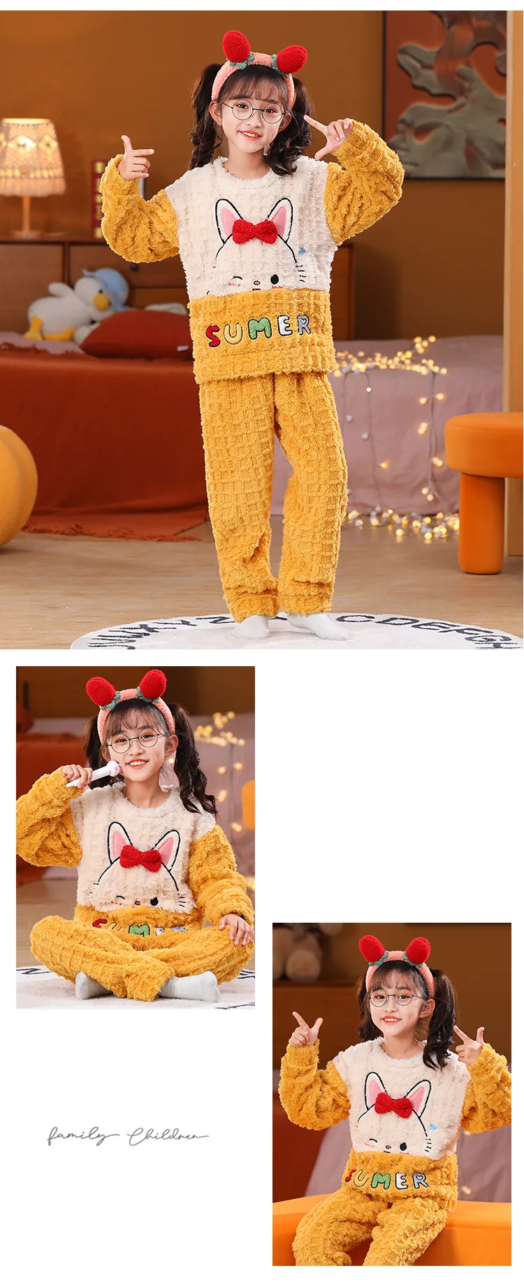 Long Plush Children's Winter Pajama Set, Girls' Cute Cartoon Long Sleeve Long Pants, Loungewear Wearable Outdoors for Big Kids · Wholesale · OEM · Worldwide Shipping - Detail 11
