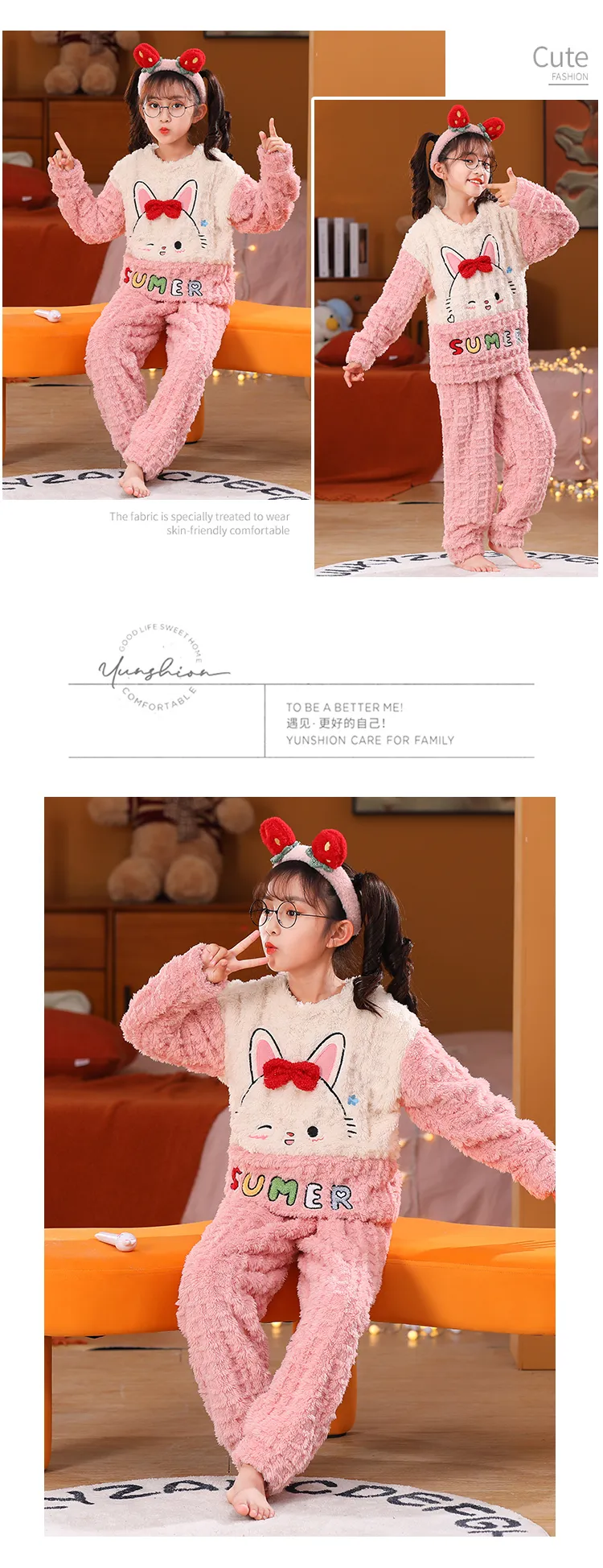 Long Plush Children's Winter Pajama Set, Girls' Cute Cartoon Long Sleeve Long Pants, Loungewear Wearable Outdoors for Big Kids · Wholesale · OEM · Worldwide Shipping - Detail 9
