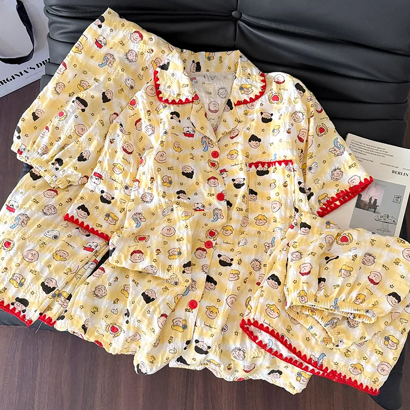 Cute Cartoon Cheese Yellow Doll Sweet Girl 3-Piece Loungewear Set Thin Short Sleeve Shorts Summer · Wholesale · OEM · Worldwide Shipping