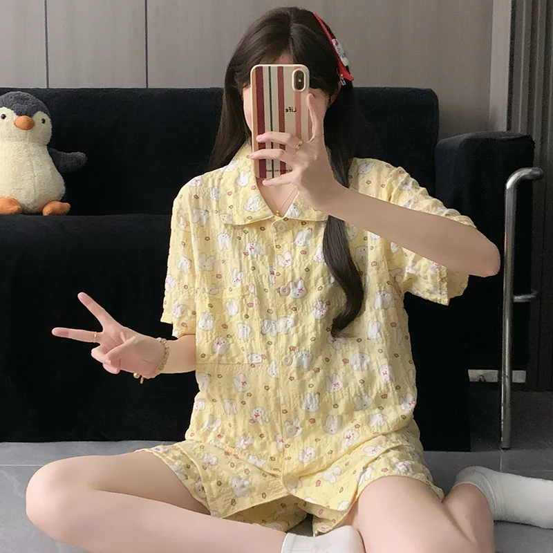 Piyama Kartun Miffy Kuning Krim Pola Wan Nian Ge Lengan Pendek Celana Pendek Celana Panjang Set Tiga Potong Pakaian Rumah Musim Panas · Grosir · OEM · Pengiriman Global - Detail 4