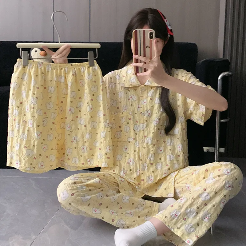 Piyama Kartun Miffy Kuning Krim Pola Wan Nian Ge Lengan Pendek Celana Pendek Celana Panjang Set Tiga Potong Pakaian Rumah Musim Panas · Grosir · OEM · Pengiriman Global