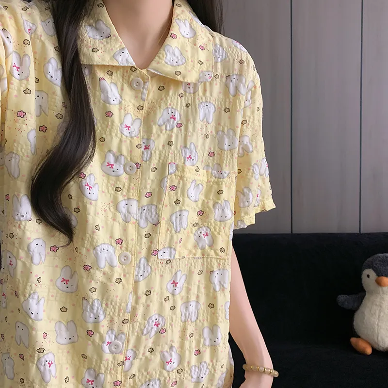 Piyama Kartun Miffy Kuning Krim Pola Wan Nian Ge Lengan Pendek Celana Pendek Celana Panjang Set Tiga Potong Pakaian Rumah Musim Panas · Grosir · OEM · Pengiriman Global - Detail 12