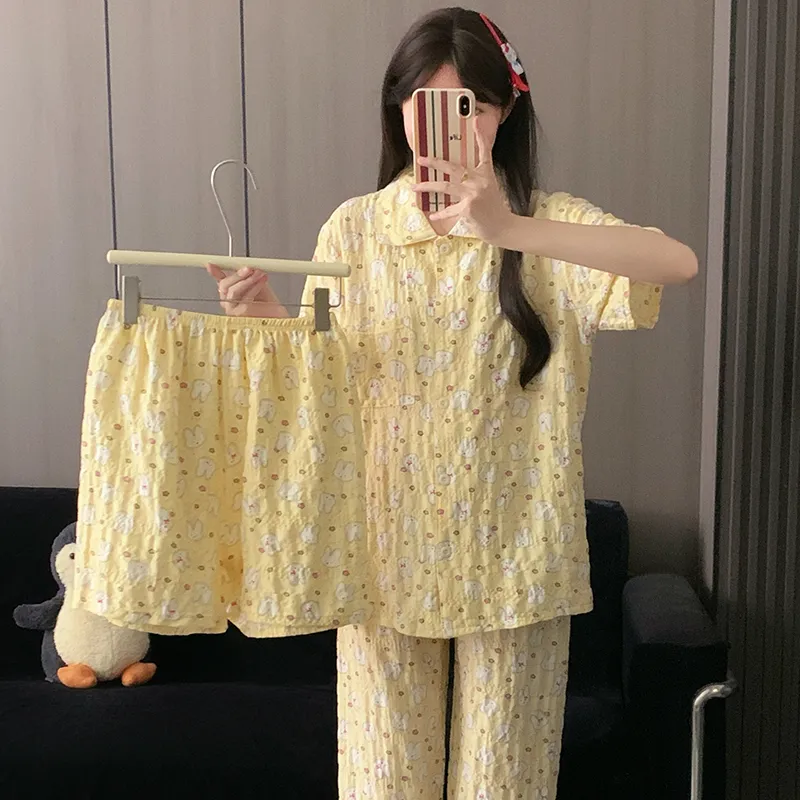 Piyama Kartun Miffy Kuning Krim Pola Wan Nian Ge Lengan Pendek Celana Pendek Celana Panjang Set Tiga Potong Pakaian Rumah Musim Panas · Grosir · OEM · Pengiriman Global - Detail 2