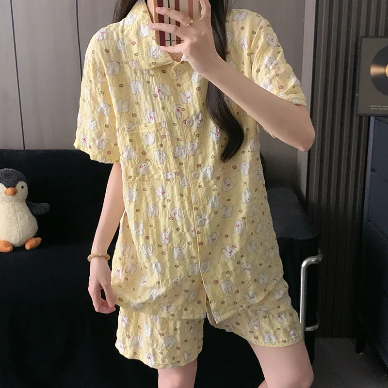 Piyama Kartun Miffy Kuning Krim Pola Wan Nian Ge Lengan Pendek Celana Pendek Celana Panjang Set Tiga Potong Pakaian Rumah Musim Panas · Grosir · OEM · Pengiriman Global - Detail 8
