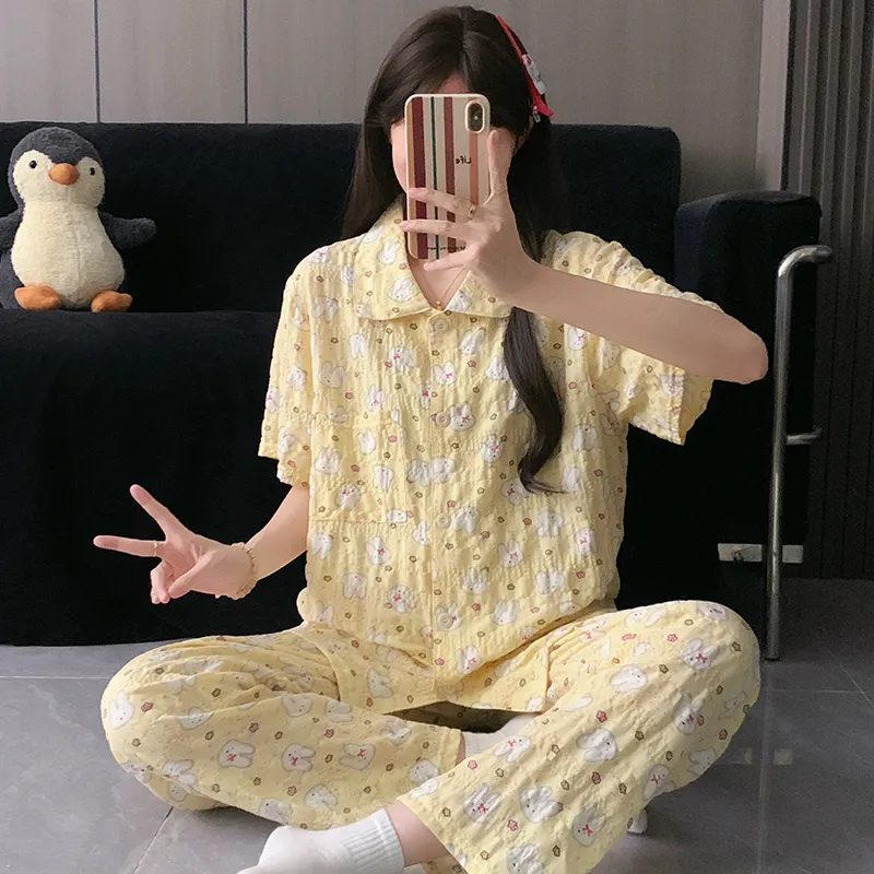 Piyama Kartun Miffy Kuning Krim Pola Wan Nian Ge Lengan Pendek Celana Pendek Celana Panjang Set Tiga Potong Pakaian Rumah Musim Panas · Grosir · OEM · Pengiriman Global - Detail 3
