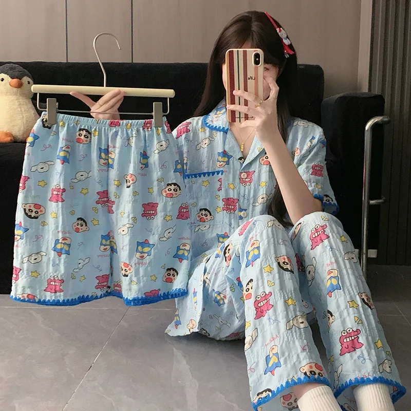 Moon Blue Little New Sleepwear Thin Women's Short Sleeve Short Pants Long Pants Three-Piece Set Summer Loungewear · Wholesale · OEM · Worldwide Shipping