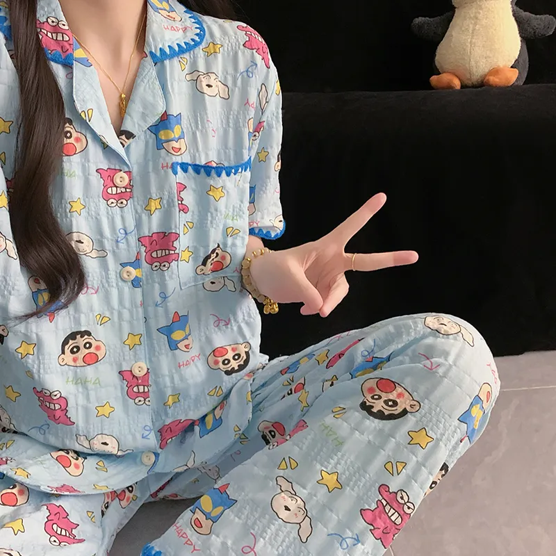 Moon Blue Little New Sleepwear Thin Women's Short Sleeve Short Pants Long Pants Three-Piece Set Summer Loungewear · Wholesale · OEM · Worldwide Shipping - Detail 6
