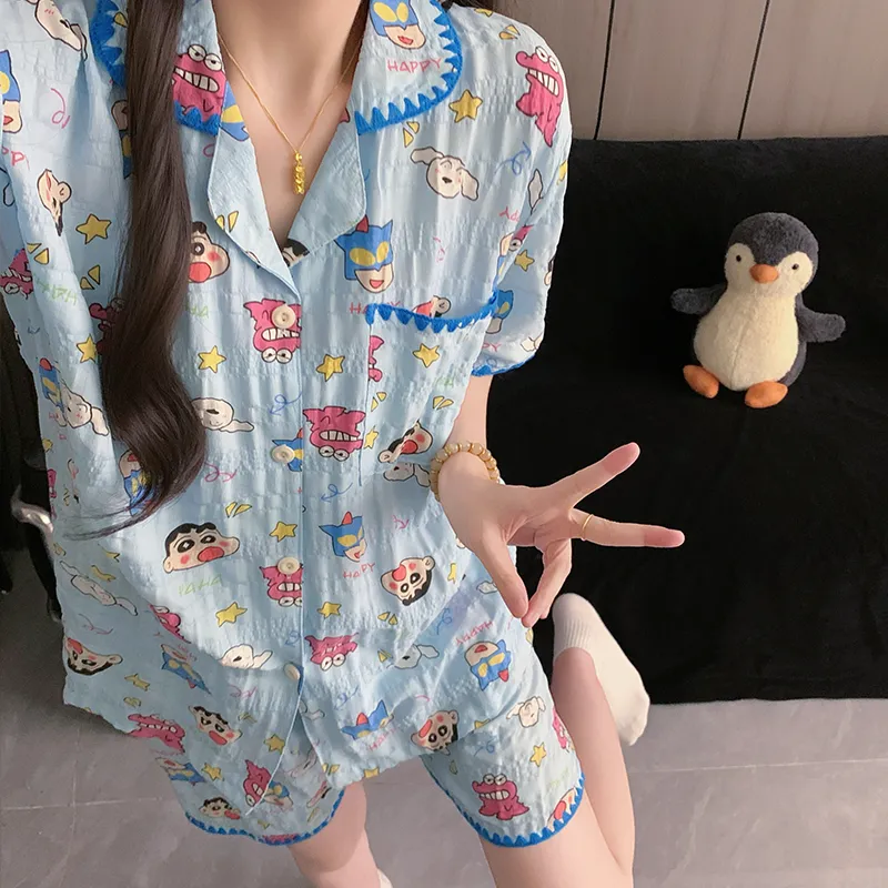 Moon Blue Little New Sleepwear Thin Women's Short Sleeve Short Pants Long Pants Three-Piece Set Summer Loungewear · Wholesale · OEM · Worldwide Shipping - View 2