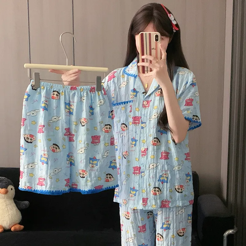 Moon Blue Little New Sleepwear Thin Women's Short Sleeve Short Pants Long Pants Three-Piece Set Summer Loungewear · Wholesale · OEM · Worldwide Shipping - View 4