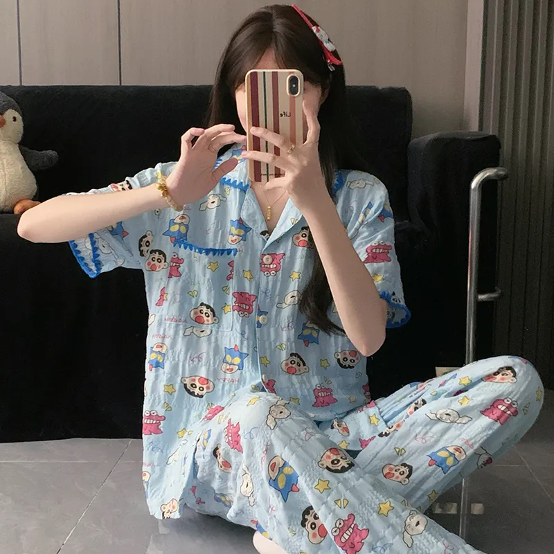 Moon Blue Little New Sleepwear Thin Women's Short Sleeve Short Pants Long Pants Three-Piece Set Summer Loungewear · Wholesale · OEM · Worldwide Shipping - View 3