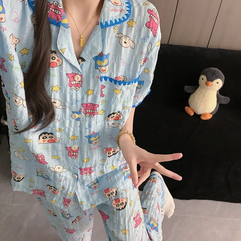 Moon Blue Little New Sleepwear Thin Women's Short Sleeve Short Pants Long Pants Three-Piece Set Summer Loungewear · Wholesale · OEM · Worldwide Shipping - Detail 3