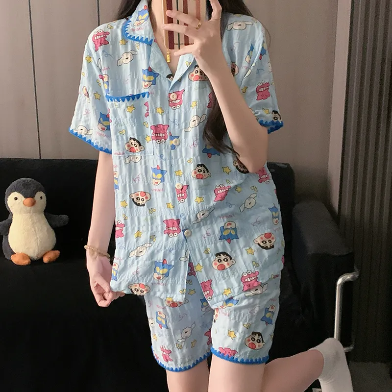 Moon Blue Little New Sleepwear Thin Women's Short Sleeve Short Pants Long Pants Three-Piece Set Summer Loungewear · Wholesale · OEM · Worldwide Shipping - Detail 4