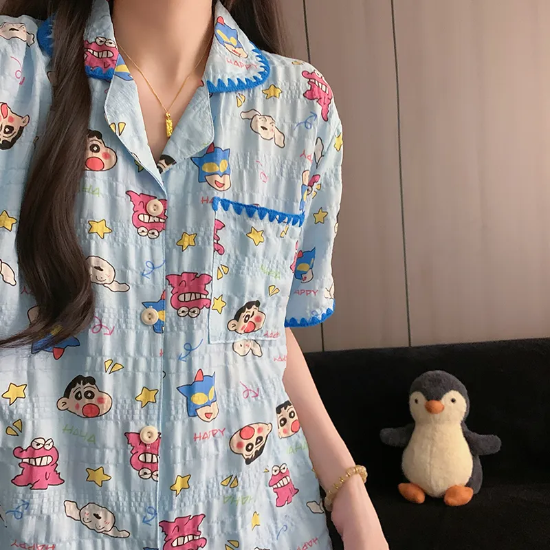 Moon Blue Little New Sleepwear Thin Women's Short Sleeve Short Pants Long Pants Three-Piece Set Summer Loungewear · Wholesale · OEM · Worldwide Shipping - Detail 8