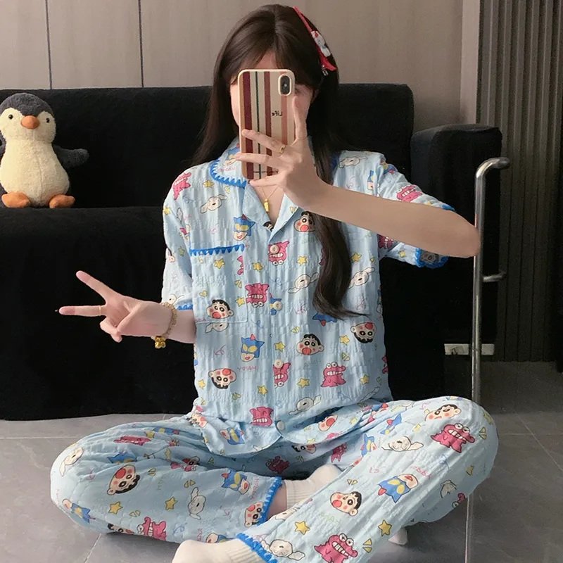 Moon Blue Little New Sleepwear Thin Women's Short Sleeve Short Pants Long Pants Three-Piece Set Summer Loungewear · Wholesale · OEM · Worldwide Shipping - View 1