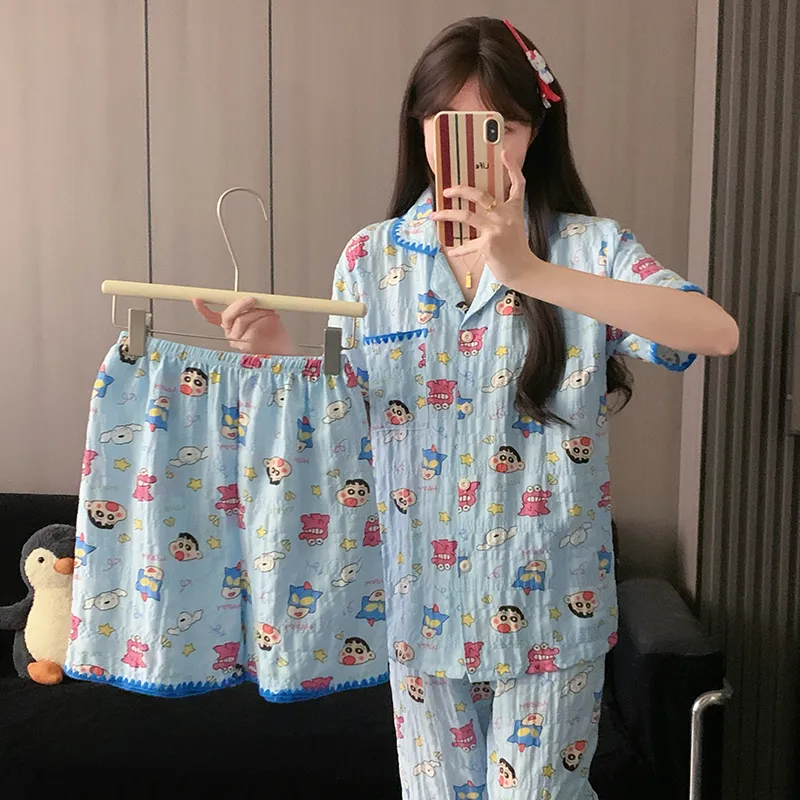 Moon Blue Little New Sleepwear Thin Women's Short Sleeve Short Pants Long Pants Three-Piece Set Summer Loungewear · Wholesale · OEM · Worldwide Shipping - Detail 2
