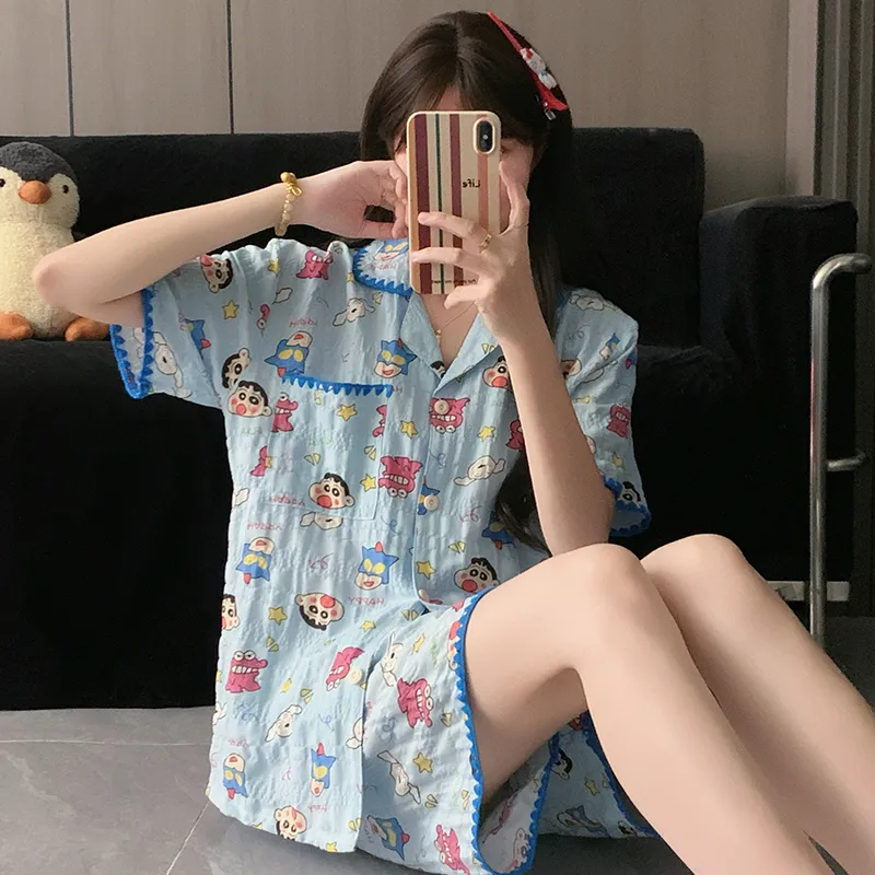 Moon Blue Little New Sleepwear Thin Women's Short Sleeve Short Pants Long Pants Three-Piece Set Summer Loungewear · Wholesale · OEM · Worldwide Shipping - Detail 7