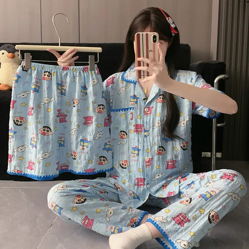 Moon Blue Little New Sleepwear Thin Women's Short Sleeve Short Pants Long Pants Three-Piece Set Summer Loungewear · Wholesale · OEM · Worldwide Shipping - Detail 5