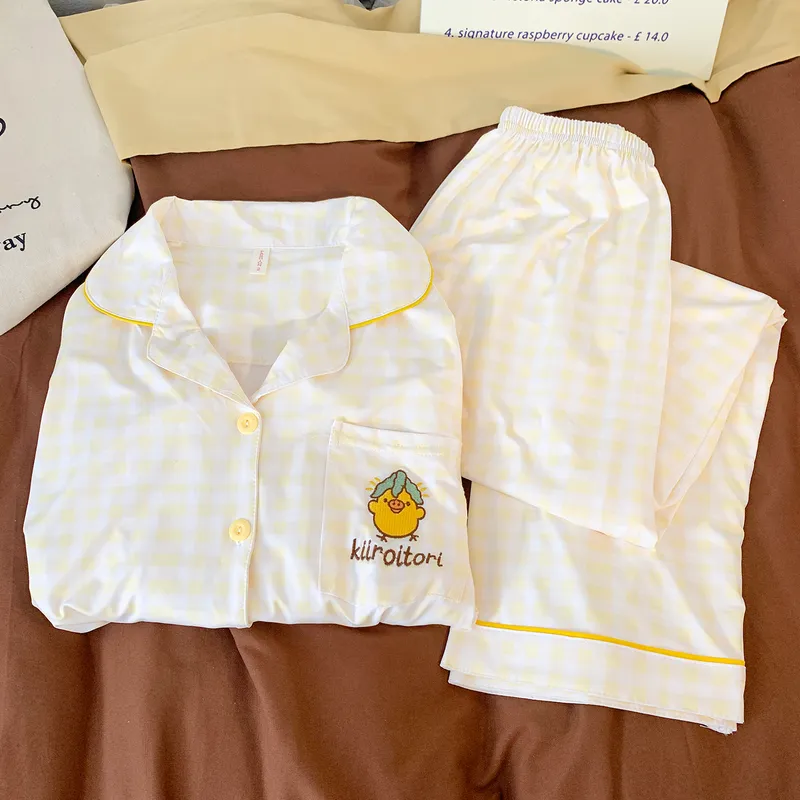 Cute Cartoon Embroidered Pajamas Women Spring Autumn Cloud-Feel Cotton Long Sleeve Long Pants Thin Cardigan Loungewear Set · Wholesale · OEM · Worldwide Shipping - View 4