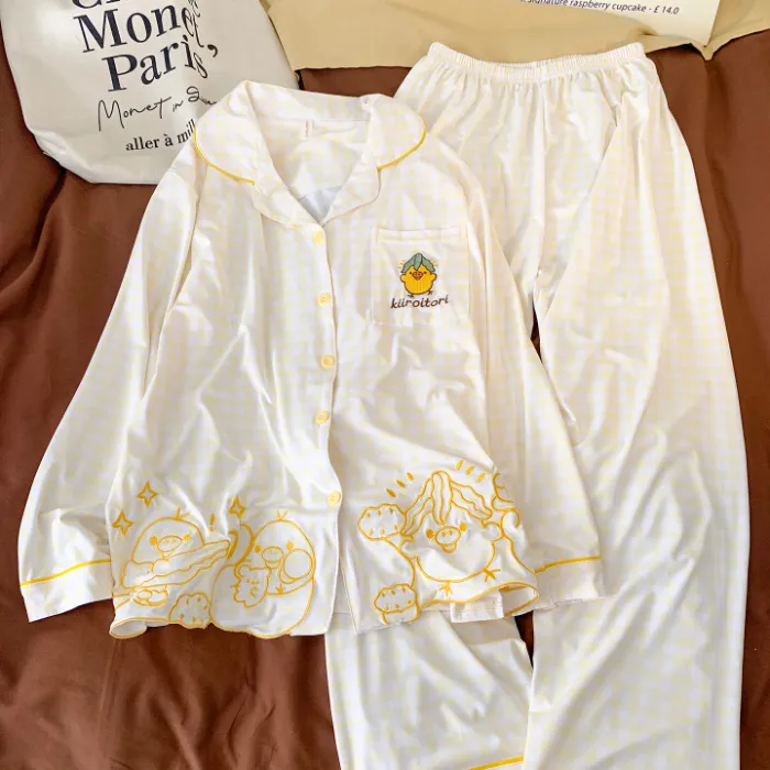 Cute Cartoon Embroidered Pajamas Women Spring Autumn Cloud-Feel Cotton Long Sleeve Long Pants Thin Cardigan Loungewear Set · Wholesale · OEM · Worldwide Shipping - Detail 1