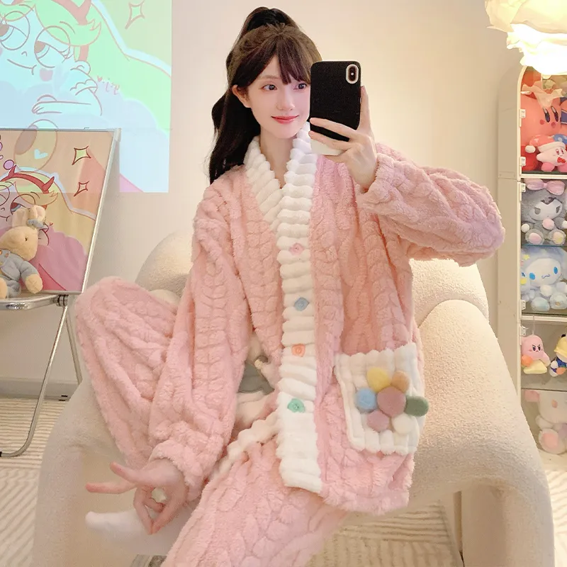 장모 플리스 파자마 여성 가을겨울 달콤한 프린세스 스타일 카디건 빅사이즈 230근 홈웨어 · 도매 · OEM · 전 세계 배송 - View 3