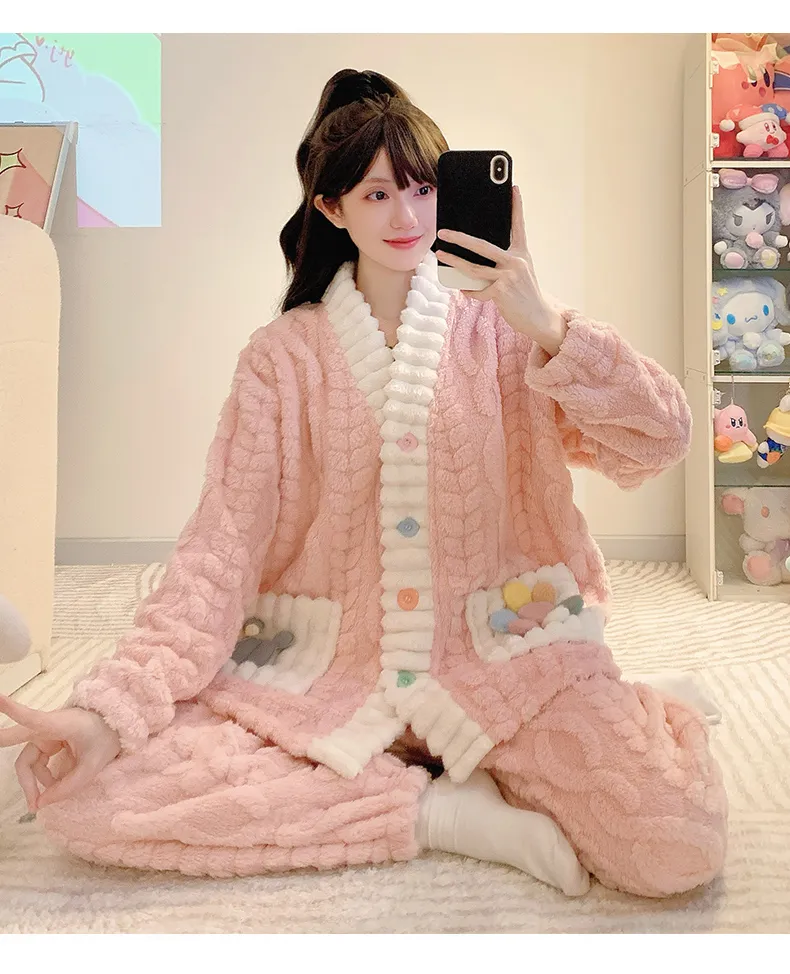 장모 플리스 파자마 여성 가을겨울 달콤한 프린세스 스타일 카디건 빅사이즈 230근 홈웨어 · 도매 · OEM · 전 세계 배송 - Detail 8