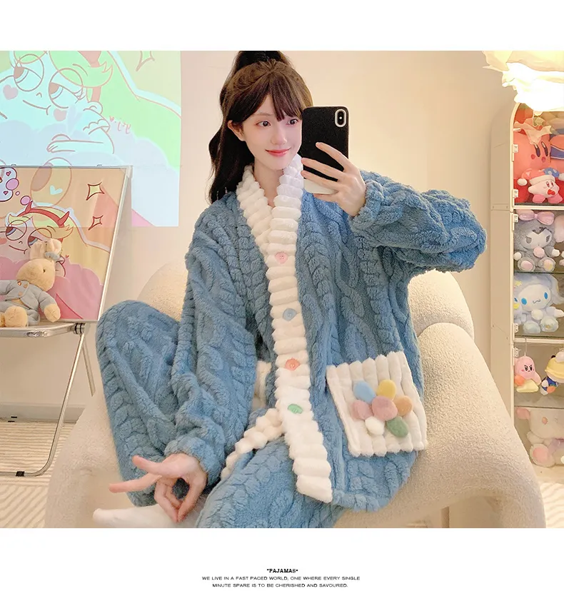 장모 플리스 파자마 여성 가을겨울 달콤한 프린세스 스타일 카디건 빅사이즈 230근 홈웨어 · 도매 · OEM · 전 세계 배송 - Detail 11