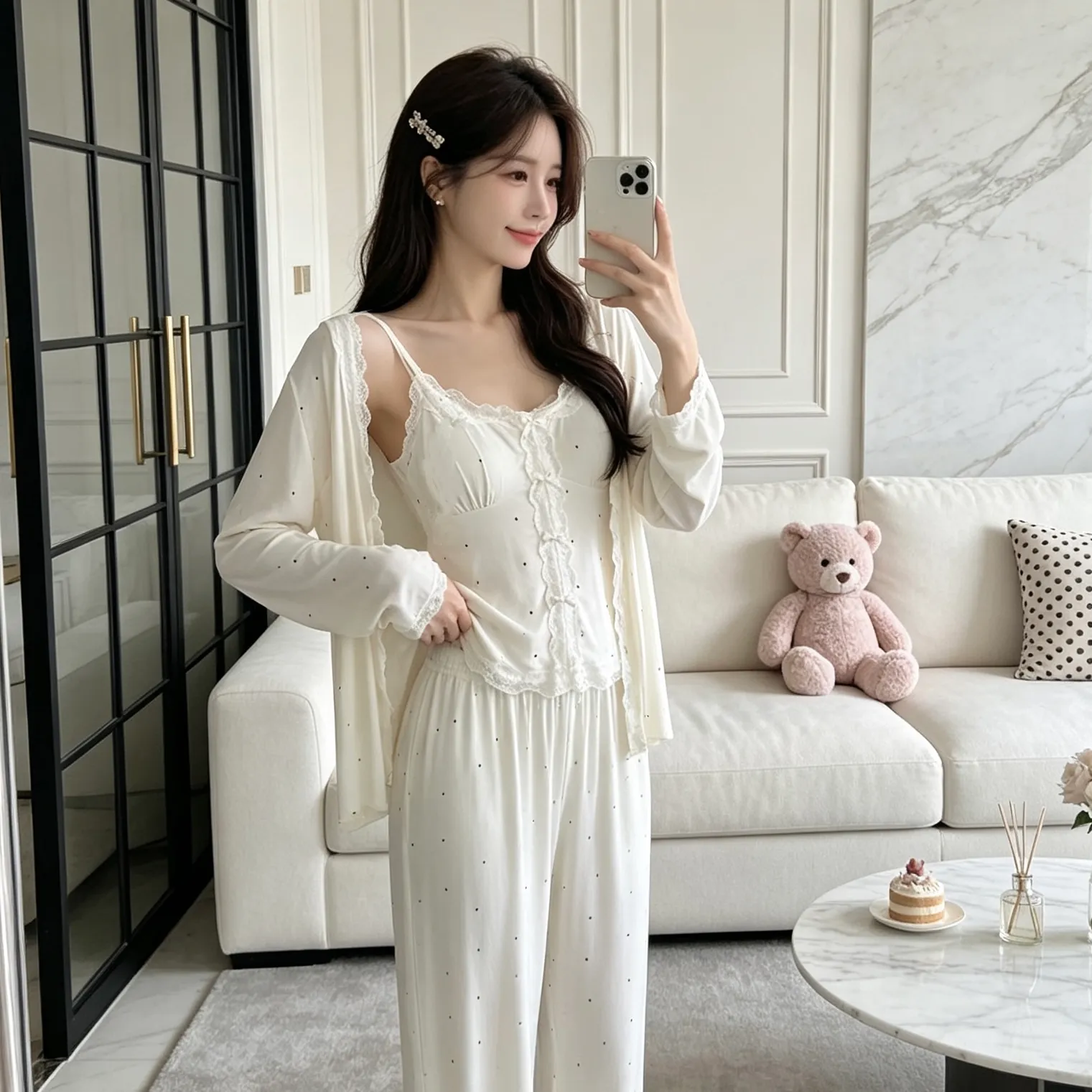 Autumn New Long-Sleeve 3-Piece Pajama Set for Women with Chest Pads Modal Set Casual Polka Dot Loungewear Wearable Outside · Wholesale · OEM · Worldwide Shipping - Detail 7