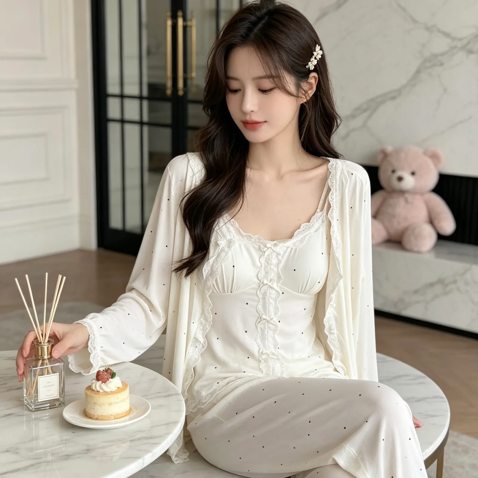 Autumn New Long-Sleeve 3-Piece Pajama Set for Women with Chest Pads Modal Set Casual Polka Dot Loungewear Wearable Outside · Wholesale · OEM · Worldwide Shipping - Detail 4