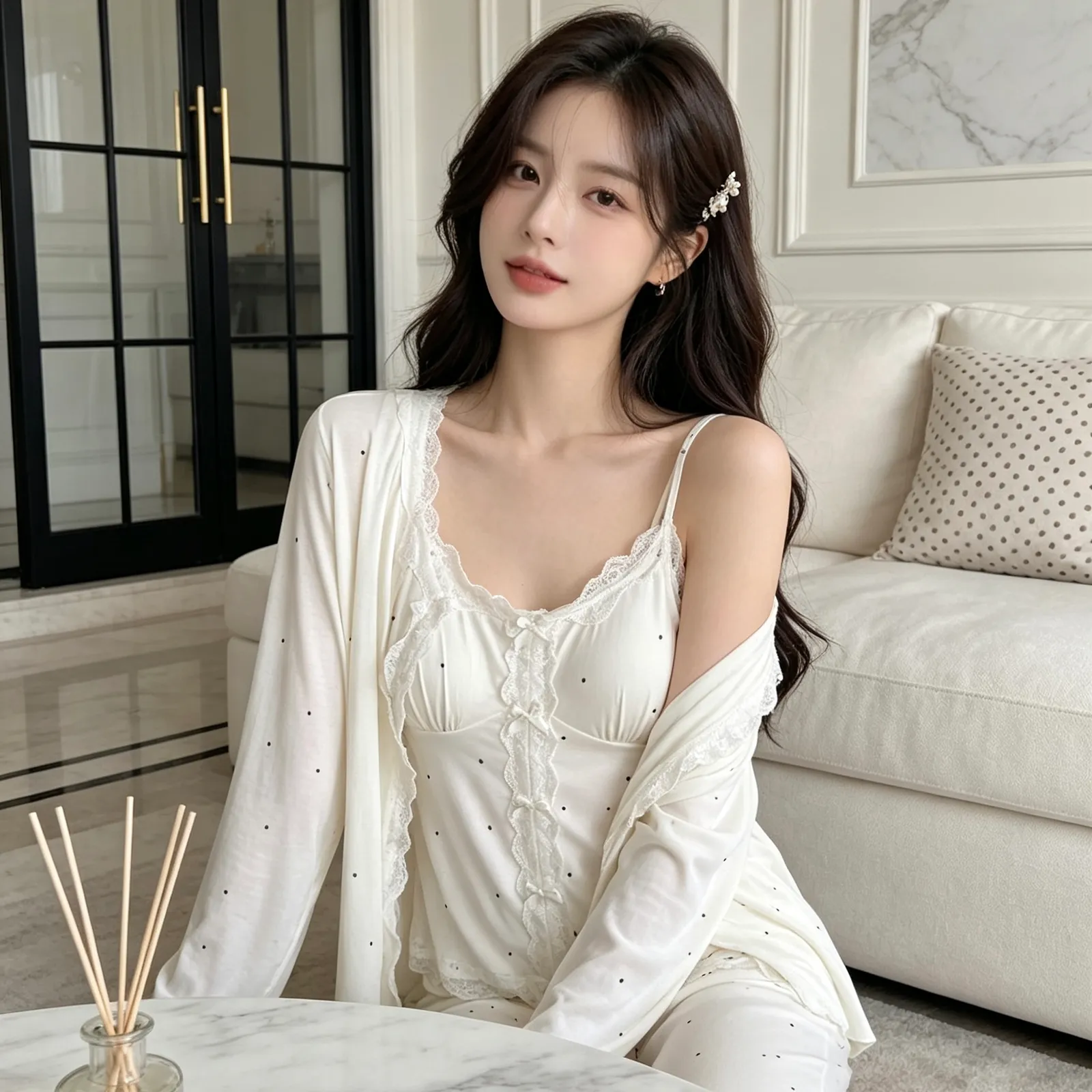 Autumn New Long-Sleeve 3-Piece Pajama Set for Women with Chest Pads Modal Set Casual Polka Dot Loungewear Wearable Outside · Wholesale · OEM · Worldwide Shipping - View 1