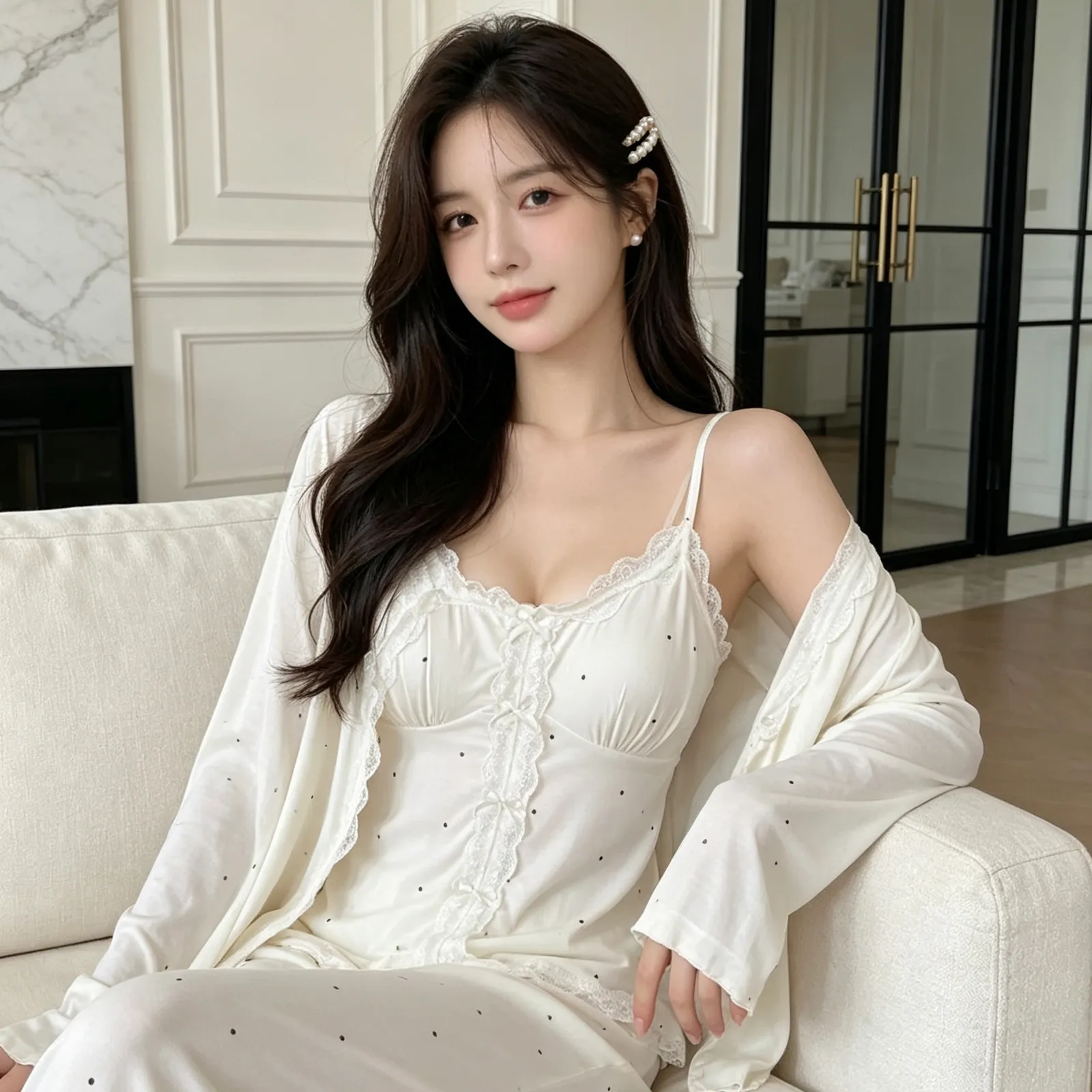 Autumn New Long-Sleeve 3-Piece Pajama Set for Women with Chest Pads Modal Set Casual Polka Dot Loungewear Wearable Outside · Wholesale · OEM · Worldwide Shipping - Detail 2