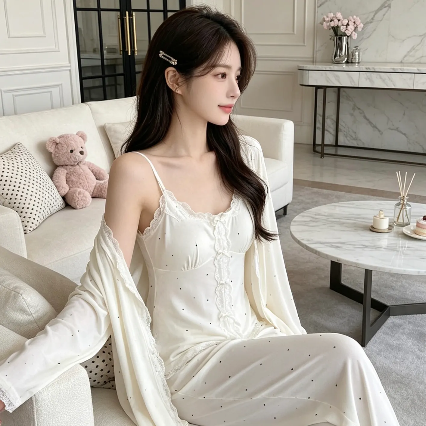 Autumn New Long-Sleeve 3-Piece Pajama Set for Women with Chest Pads Modal Set Casual Polka Dot Loungewear Wearable Outside · Wholesale · OEM · Worldwide Shipping - Detail 8