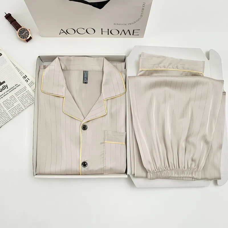 Ice Silk Long-Sleeve Long Pants Pajama Set, Vertical Stripes, Minimalist Old Money Style Loungewear, Apricot · Wholesale · OEM · Worldwide Shipping - View 4