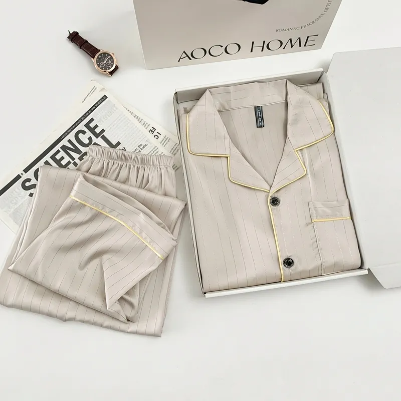 Ice Silk Long-Sleeve Long Pants Pajama Set, Vertical Stripes, Minimalist Old Money Style Loungewear, Apricot · Wholesale · OEM · Worldwide Shipping - Detail 2