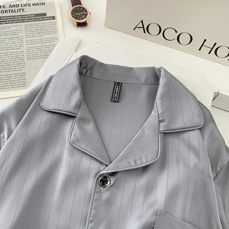 Men's Ice Silk Long-Sleeve Pajama Set, Summer Light Luxury Comfortable Striped Lapel Long Pants, 2-Piece Loungewear Wearable Outdoors · Wholesale · OEM · Worldwide Shipping - Detail 5