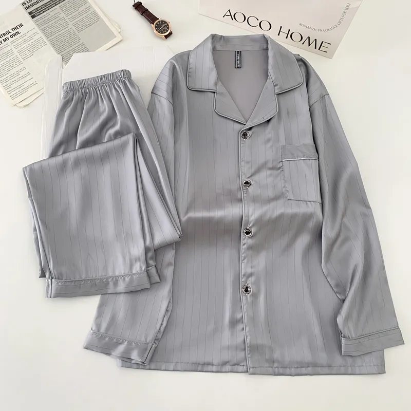 Ice Silk Long-Sleeve Long Pants Pajama Set, Light Gray Vertical Stripes, Minimalist Old Money Style Loungewear · Wholesale · OEM · Worldwide Shipping - View 2