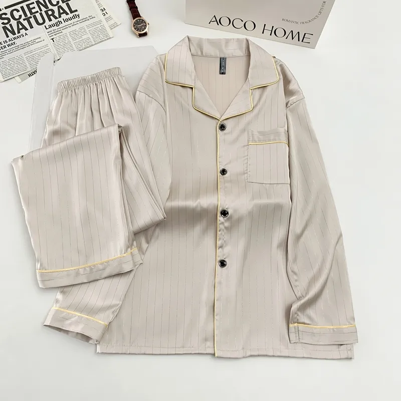 Ice Silk Long-Sleeve Long Pants Pajama Set, Vertical Stripes, Minimalist Old Money Style Loungewear, Apricot · Wholesale · OEM · Worldwide Shipping - View 2