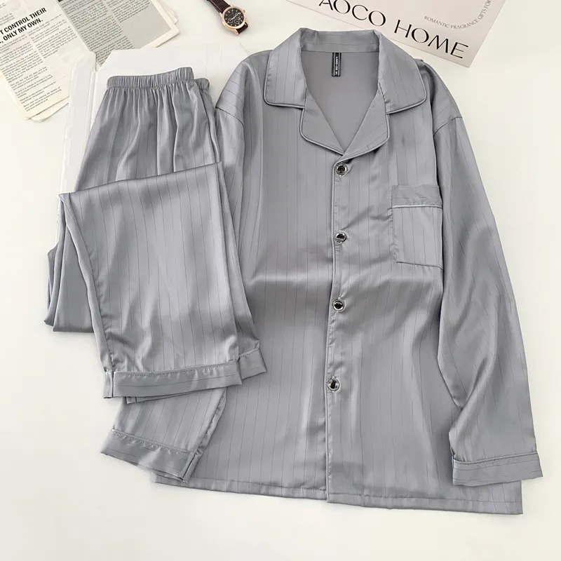 Men's Ice Silk Long-Sleeve Pajama Set, Summer Light Luxury Comfortable Striped Lapel Long Pants, 2-Piece Loungewear Wearable Outdoors · Wholesale · OEM · Worldwide Shipping