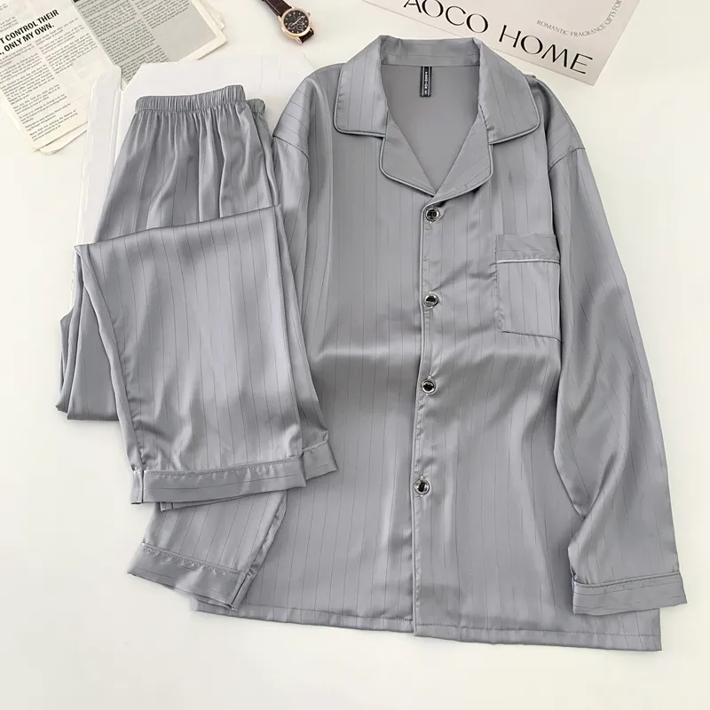 Ice Silk Long-Sleeve Long Pants Pajama Set, Light Gray Vertical Stripes, Minimalist Old Money Style Loungewear · Wholesale · OEM · Worldwide Shipping - View 1