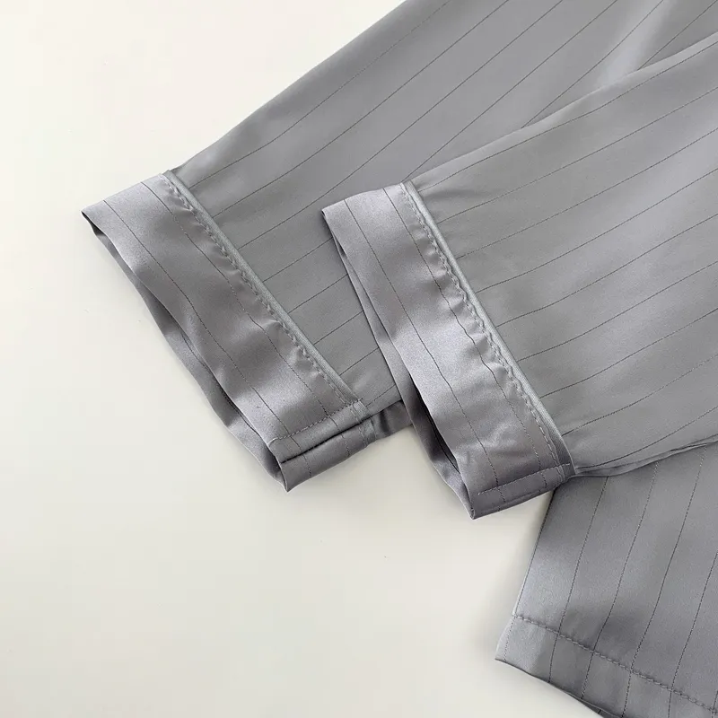 Ice Silk Long-Sleeve Long Pants Pajama Set, Light Gray Vertical Stripes, Minimalist Old Money Style Loungewear · Wholesale · OEM · Worldwide Shipping - Detail 11