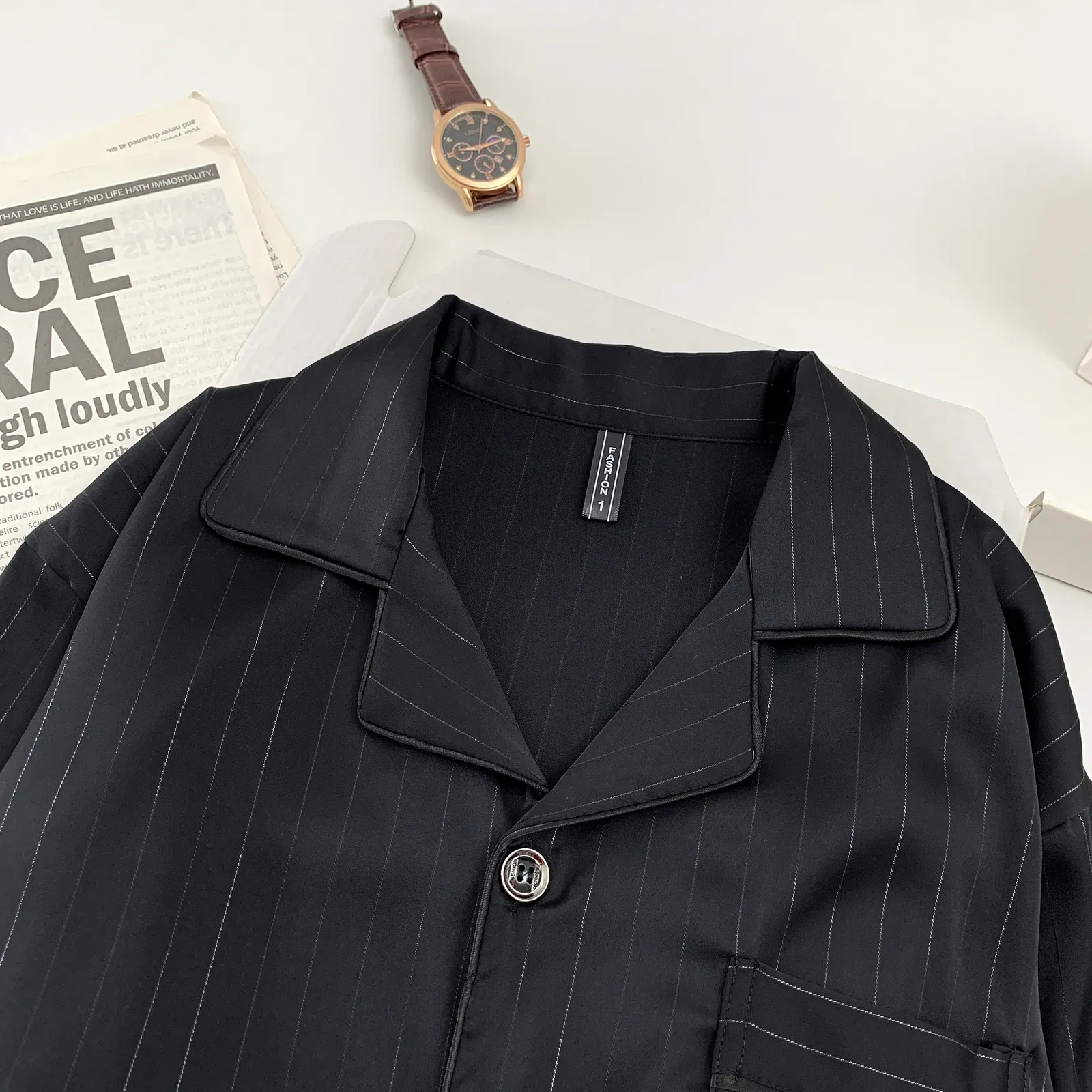 Ice Silk Long-Sleeve Long Pants Pajama Set, Vertical Stripes, Minimalist Old Money Style Loungewear, Black · Wholesale · OEM · Worldwide Shipping - View 1