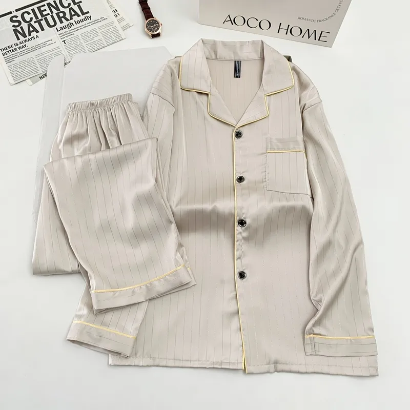 Ice Silk Long-Sleeve Long Pants Pajama Set, Vertical Stripes, Minimalist Old Money Style Loungewear, Apricot · Wholesale · OEM · Worldwide Shipping