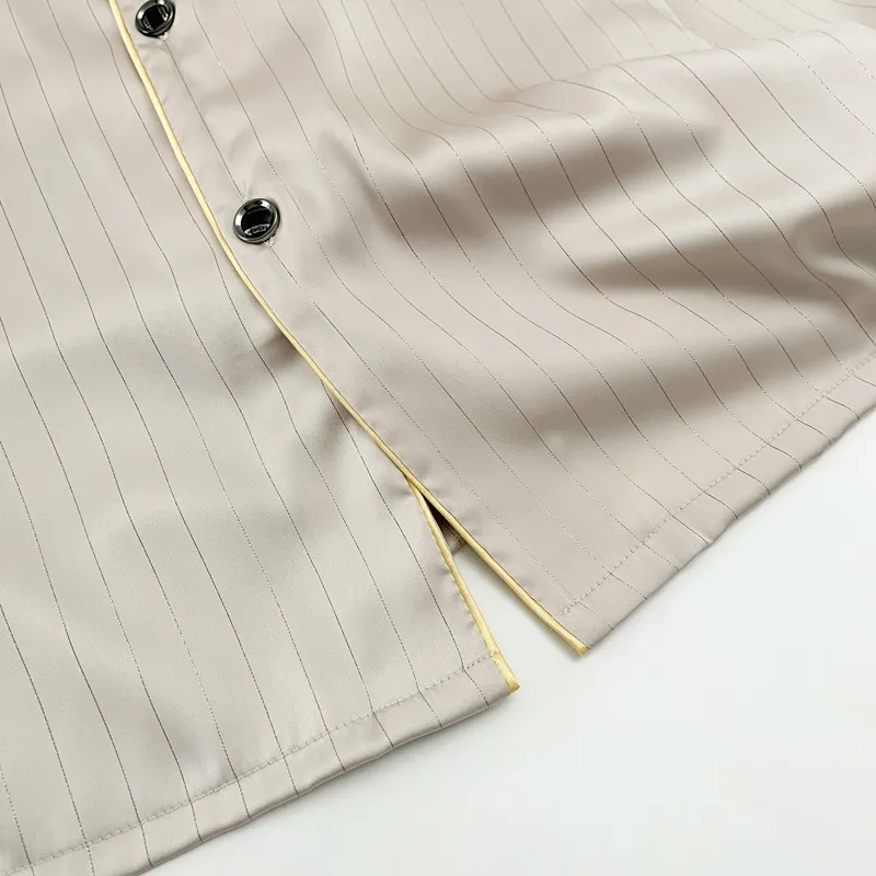Ice Silk Long-Sleeve Long Pants Pajama Set, Vertical Stripes, Minimalist Old Money Style Loungewear, Apricot · Wholesale · OEM · Worldwide Shipping - Detail 7
