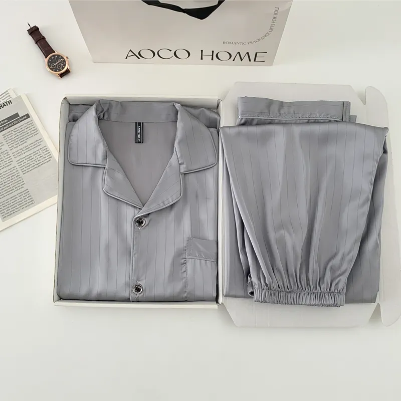 Men's Ice Silk Long-Sleeve Pajama Set, Summer Light Luxury Comfortable Striped Lapel Long Pants, 2-Piece Loungewear Wearable Outdoors · Wholesale · OEM · Worldwide Shipping - Detail 1