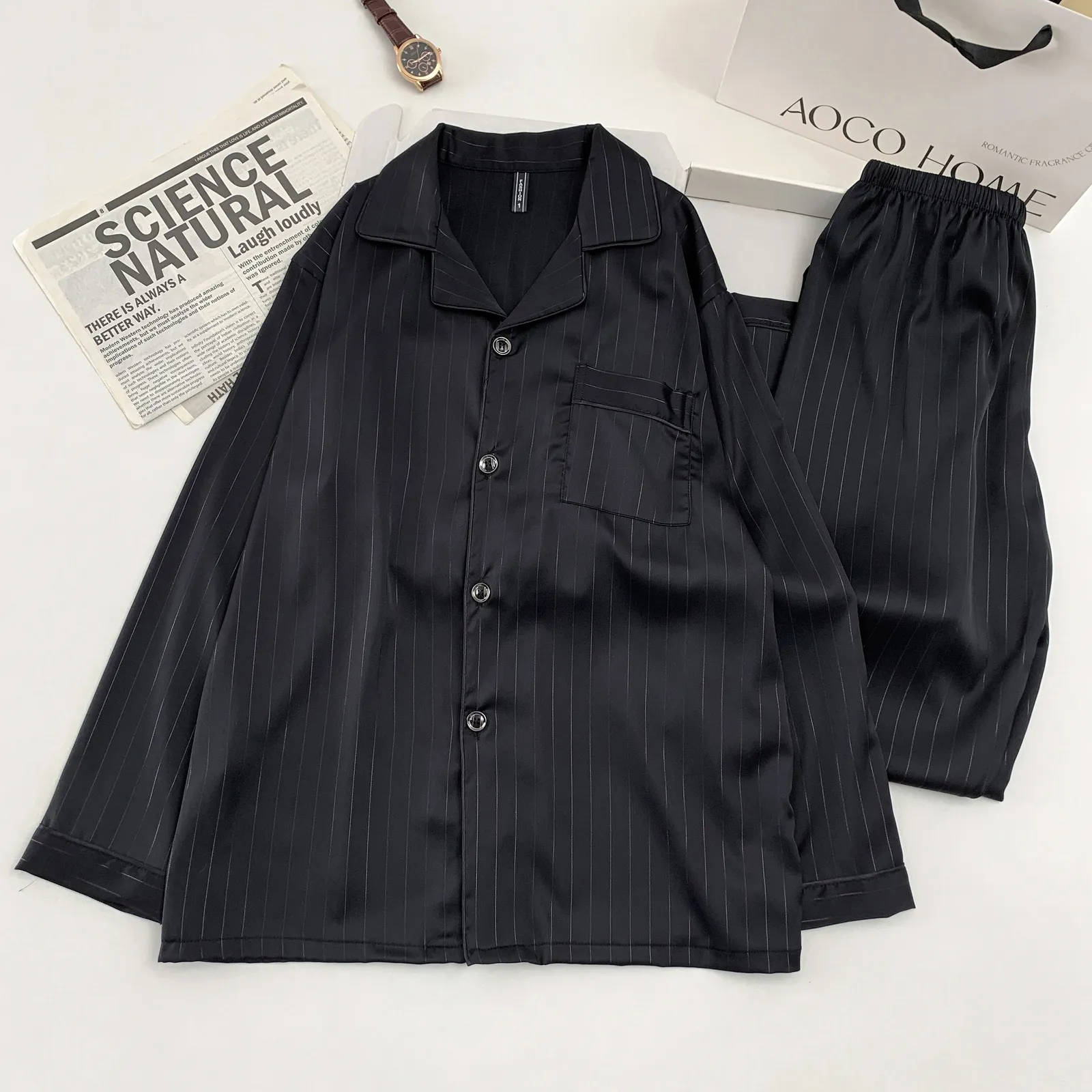 Ice Silk Long-Sleeve Long Pants Pajama Set, Vertical Stripes, Minimalist Old Money Style Loungewear, Black · Wholesale · OEM · Worldwide Shipping