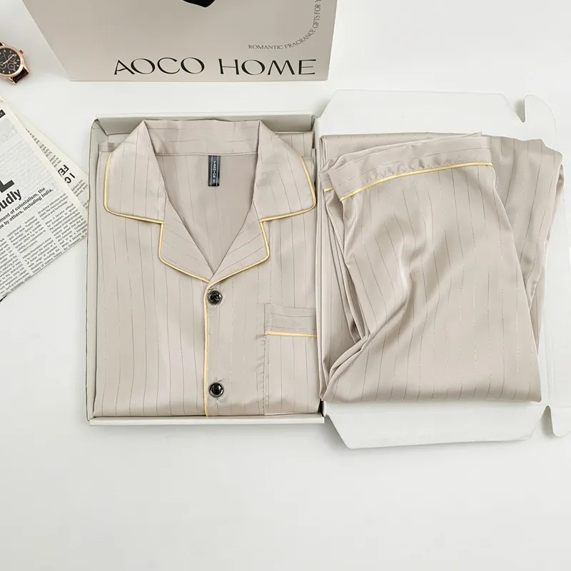 Ice Silk Long-Sleeve Long Pants Pajama Set, Vertical Stripes, Minimalist Old Money Style Loungewear, Apricot · Wholesale · OEM · Worldwide Shipping - Detail 3