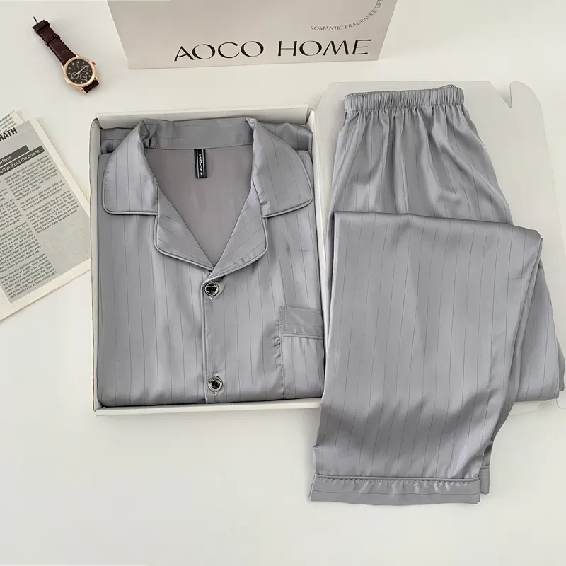 Ice Silk Long-Sleeve Long Pants Pajama Set, Light Gray Vertical Stripes, Minimalist Old Money Style Loungewear · Wholesale · OEM · Worldwide Shipping - Detail 1