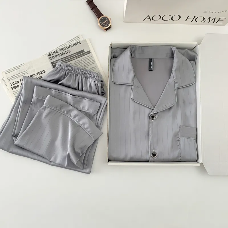 Men's Ice Silk Long-Sleeve Pajama Set, Summer Light Luxury Comfortable Striped Lapel Long Pants, 2-Piece Loungewear Wearable Outdoors · Wholesale · OEM · Worldwide Shipping - Detail 3