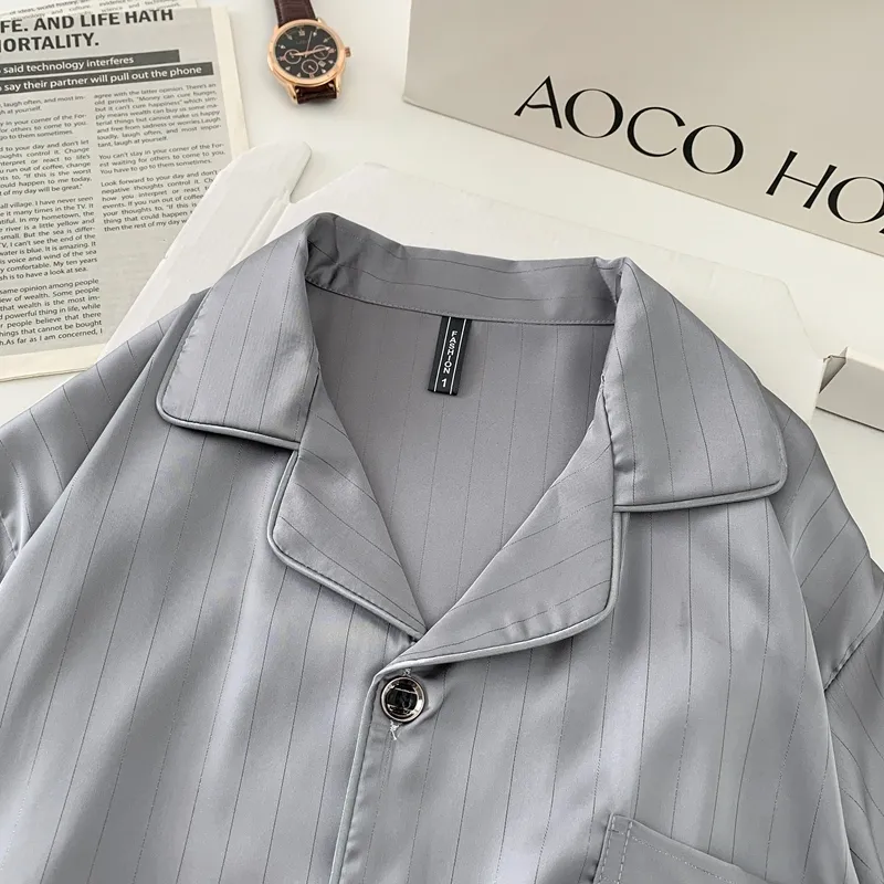 Ice Silk Long-Sleeve Long Pants Pajama Set, Light Gray Vertical Stripes, Minimalist Old Money Style Loungewear · Wholesale · OEM · Worldwide Shipping - Detail 4