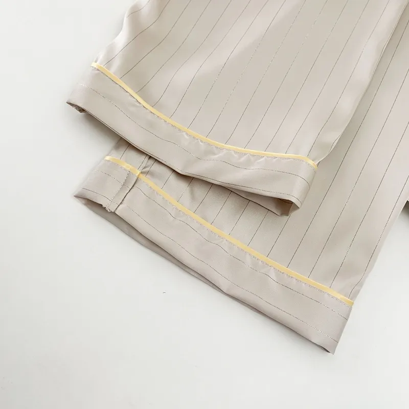Ice Silk Long-Sleeve Long Pants Pajama Set, Vertical Stripes, Minimalist Old Money Style Loungewear, Apricot · Wholesale · OEM · Worldwide Shipping - Detail 9